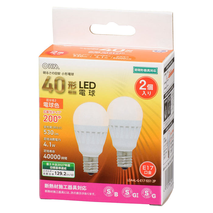 LED電球 小形（40形相当/530 lm/電球色/E17/広配光200°/密閉器具対応/断熱材施工器具対応/2個入）_06-4716_LDA4L-G-E17 IS51 2P_OHM（オーム電機）