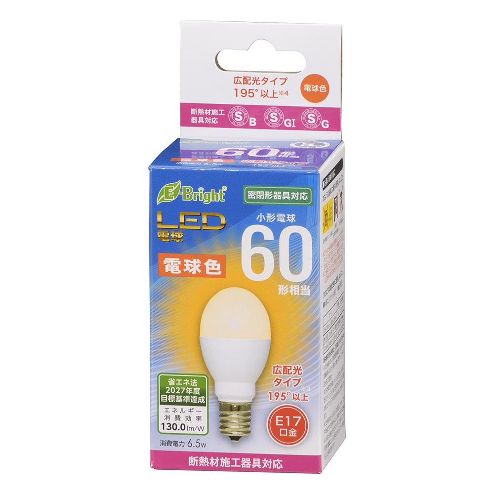 LED電球 小形（60形相当/845 lm/6.5W/電球色/E17/広配光195°/密閉器具対応/断熱材施工器具対応）_06-4805_LDA7L-G-E17 IH23_OHM（オーム電機）