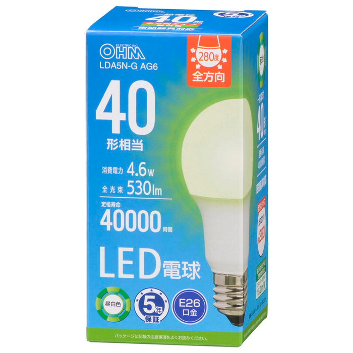 LED電球（40形相当/530lm/昼白色/E26/全方向配光280°/4.6W/密閉器具対応）_06-5514_LDA5N-G AG6_OHM（オーム電機）
