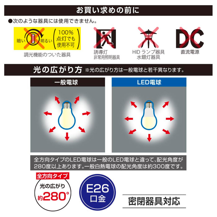 LED電球（40形相当/510lm/電球色/E26/全方向配光280°/4.6W/密閉器具対応/2個入）_06-5517_LDA5L-G AG6 2P_OHM（オーム電機）