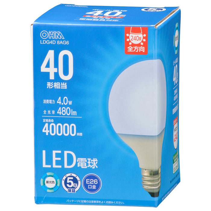 LED電球 ボール球形（40形相当/480 lm/4.0W/昼光色/E26/全方向配光240°/密閉形器具対応）_06-5524_LDG4D 8AG6_OHM（オーム電機）