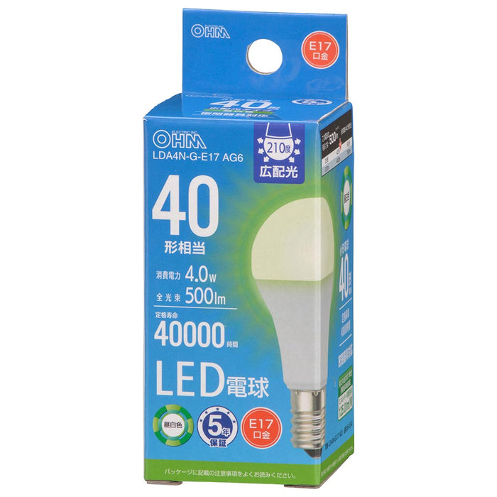 LED電球 小形（40形相当/昼白色/500lm/4.0W/E17/広配光210°/密閉形器具対応/断熱材施工器具対応）_06-5540_LDA4N-G-E17 AG6_OHM（オーム電機）