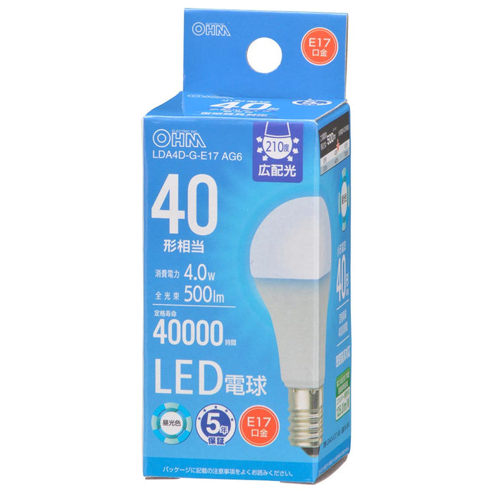 LED電球 小形（40形相当/500 lm/4.0W/昼光色/E17/広配光210°/密閉器具対応/断熱材施工器具対応）_06-5541_LDA4D-G-E17 AG6_OHM（オーム電機）