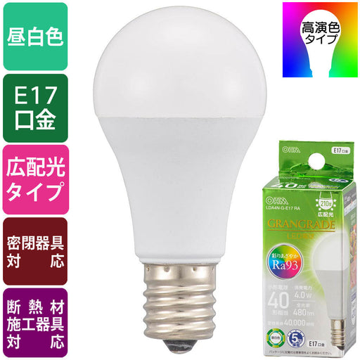 LED電球 小形（Ra93/40形相当/昼白色/480lm/4.0W/E17/広配光210°/密閉形器具対応/断熱材施工器具対応）_06-5558_LDA4N-G-E17 RA_OHM（オーム電機）