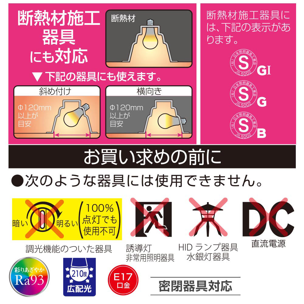 LED電球 小形（Ra93/40形相当/昼白色/480lm/4.0W/E17/広配光210°/密閉形器具対応/断熱材施工器具対応/2個入）_06-5561_LDA4N-G-E17 RA 2P_OHM（オーム電機）