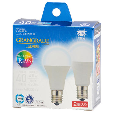 LED電球 小形（Ra93/40形相当/昼光色/480lm/4.0W/E17/広配光210°/密閉形器具対応/断熱材施工器具対応/2個入）_06-5562_LDA4D-G-E17 RA 2P_OHM（オーム電機）