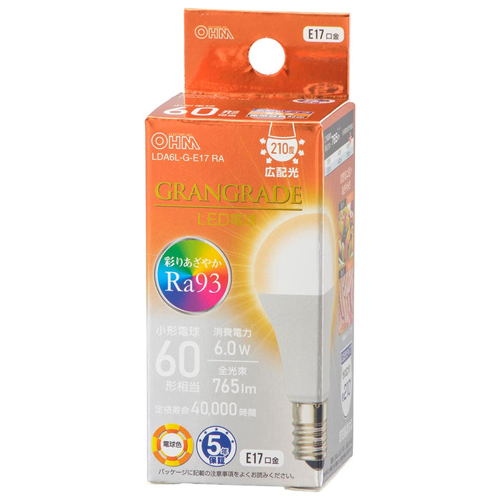 LED電球 小形（Ra93/60形相当/電球色/765lm/6.0W/E17/広配光210°/密閉形器具対応/断熱材施工器具対応）_06-5563_LDA6L-G-E17 RA_OHM（オーム電機）