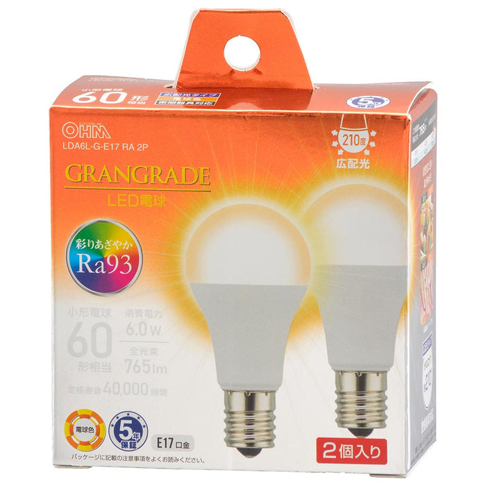 LED電球 小形（Ra93/60形相当/電球色/765lm/6.0W/E17/広配光210°/密閉形器具対応/断熱材施工器具対応/2個入）_06-5566_LDA6L-G-E17 RA 2P_OHM（オーム電機）