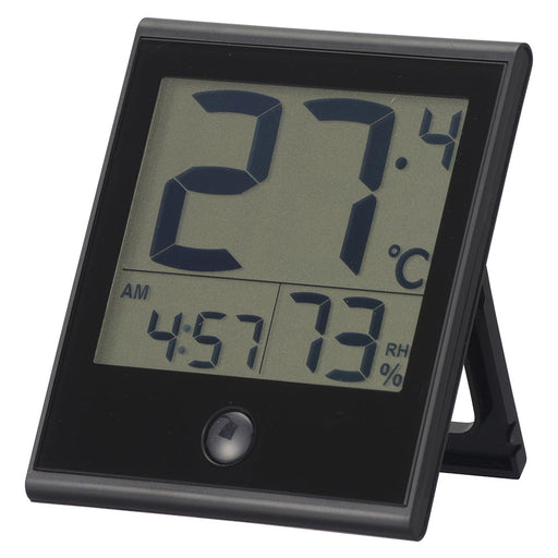 時計付き温湿度計（メモリー機能/カレンダー表示/置き掛け両用/ 単4形×2本使用/ブラック）_08-1447_TEM-210B-K_OHM（オーム電機）