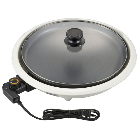 ホットプレート（1300W、230℃ で高温調理/耐熱強化ガラスふた付き/フッ素樹脂加工/プレート着脱式/コード長1.45m/ホワイト）_08-3292_COK-YM130A-W_OHM（オーム電機）