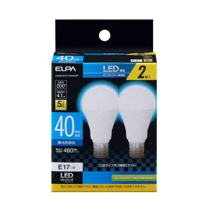 LDA4D-G-E17-G4103-2P_LED電球 2個セット ミニクリプトン球形 口金E17 40W形 昼光色_ELPA（エルパ・朝日電器） 