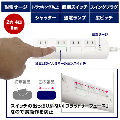 WBS-LS403F(W)_1965500_耐雷フラットスイッチ付タップ4P3m_ELPA（エルパ・朝日電器）